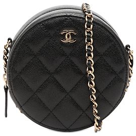Clutch rotonda Chanel Black CC in caviar trapuntato con catena
