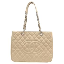 CHANEL Shopping GM Logo CC Caviar Leder Handtasche Beige & Palladium