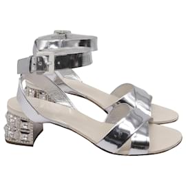 Sandali con tacco Miu Miu Crysta- Embellish in pelle vernice argento
