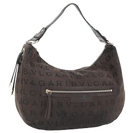 Bulgari Borsa a Spalla BVLGARI Logo Mania Tela Marrone Oro Auth bs35281