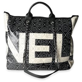 Shopper Chanel Black and Beige in tela rivestita e pelle con stampa Camelia & CC