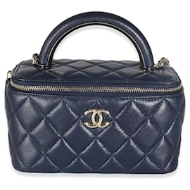 Chanel Navy Quilted Lambskin Top Handle Vanity Case With Chain