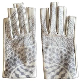 Chanel Fingerlose Handschuhe weißes Lammleder mit Print Größe 7