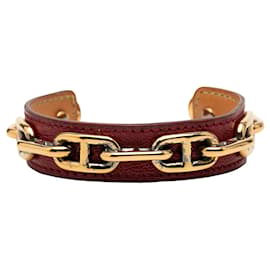 Hermès Red Leather and Gold Plated Chaine d Ancre Cuff Bracelet