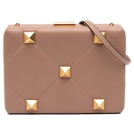 Clutch Valentino Roman Stud in pelle di vitello marrone con tracolla