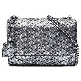 Saint Laurent Borsa a tracolla Sunset in pelle intrecciata metallizzata argento, taglia Medium