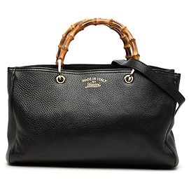 Borsa shopper Gucci in pelle di vitello nera con dettagli in bambù, taglia Medium