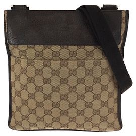 Bolso de hombro Gucci en lona GG beige y marrón oscuro con detalles en cuero