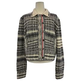 Thom Browne Giacca polo in lana tartan TB a righe grigio chiaro