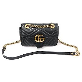 Gucci GG Marmont Mini Chain Shoulder Bag aus schwarzem Matelassé-Chevron-Leder