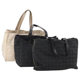 CHANEL Neue Travel Line Nylon Tote Bag 3er Set Schwarz Beige CC Auth BA12660