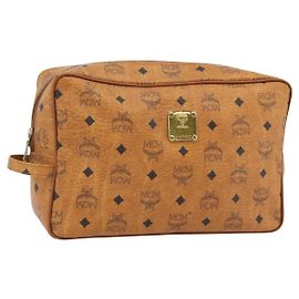 Clutch MCM Vicetos Logogram PVC Marrone Oro Auth BA12942