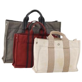 Hermès Borsa Fourre Tout HERMES Cotton 3 Set White Gray Red Auth BA12676