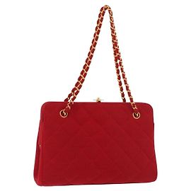 CHANEL Matelasse Chain Shoulder Bag Cotton Red Gold CC Auth 179799