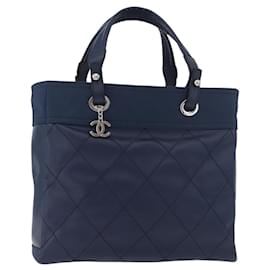 Borsa Tote CHANEL Paris Biarritz MM in tela rivestita Navy Silver CC Auth 181519SAV