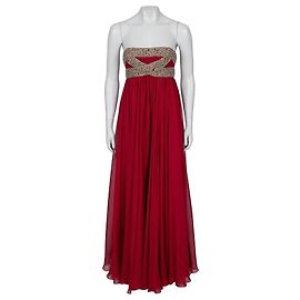 Marchesa Maxikleid aus roter Seide mit Kristallbesatz Größe 6/M gebraucht