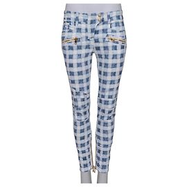 Jeans Slim con Estampado de Cuadros Balmain con Cremalleras Doradas FR38/M De Segunda Mano