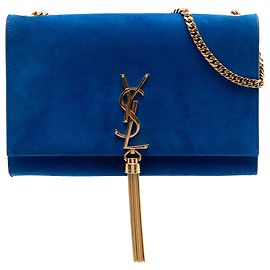Bolsa transversal Kate com borla em camurça azul monograma tamanho Medium da Saint Laurent