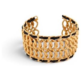 VINTAGE BRACELET CHANEL MANCHETTE CHAINE & CUIR ENTRELACE METAL DORE CUFF BANGLE