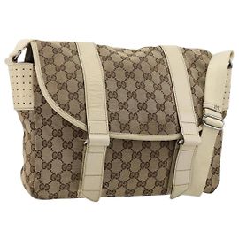 Borsa a Spalla GUCCI GG Canvas Beige Argento 145859 Auth 181188
