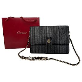 Borsa a Spalla con Catena Vintage Cartier Nero Grigio Oro