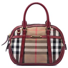 Borsa Burberry Orchard in tela House Check marrone con bordi in pelle Small