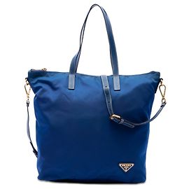 Borsa Tote Convertible Prada Blue Tessuto Zip Top