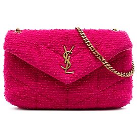 Borsa a tracolla LouLou Puffer in tweed bouclé matelassé monogramma Saint Laurent rosa