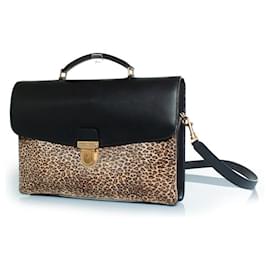 Céline Celine, valigetta in pelle con stampa leopardata in nero e marrone