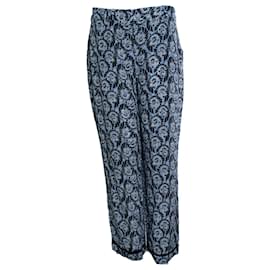 Prada, pantalone casual in seta con stampa floreale blu