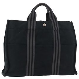 Hermès HERMES Fourre Tout MM Tote Bag Baumwolle Schwarz Silber Auth BA12637