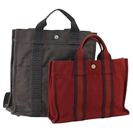 Hermès Borsa HERMES Canvas 2 Set Rosso Grigio Auth BA12669