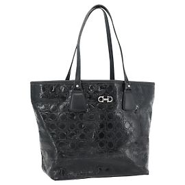 Borsa Tote Salvatore Ferragamo Gancini in vernice nera argento Auth bs35253