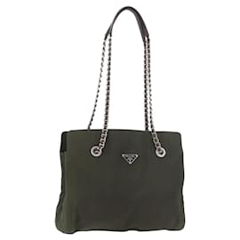 PRADA Chain Tote Bag Nylon Khaki Silver Auth 180596