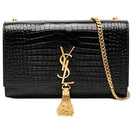 Borsa a tracolla Kate con nappa monogramma in vernice con stampa coccodrillo nero di medie dimensioni Saint Laurent