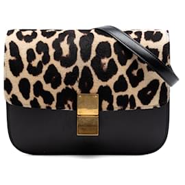 Celine Borsa Classic Box in pelle di vitello nera e crine di pony con stampa leopardata, taglia Medium - Céline