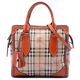Tote Honeywood in tela rivestita beige con motivo Haymarket Check Small di Burberry