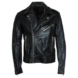 Balmain, Giacca biker in pelle nera con zip e logo