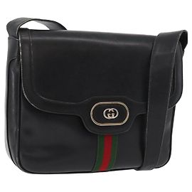 Bolsa de ombro GUCCI Web Sherry Line de couro preto e dourado Auth 182260