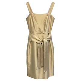 Max Mara Ärmelloses Cocktailkleid aus reinem metallisiertem Champagner-Rohseide mit Gürtel