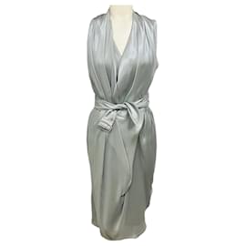 Autre Marque Vestido midi drapeado sin mangas con cuello en V Martin Grant Silver Grey Shimmer con cinturón
