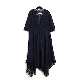 Zimmermann Abito Asimmetrico in Broderie Anglaise Blu Navy
