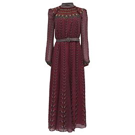 Autre Marque Vestido de chiffon Saloni Jacqui B com cinto em seda bordô
