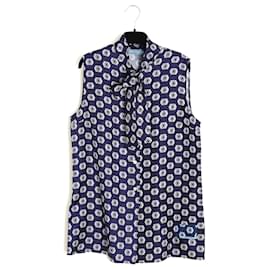 Prada Top en Twill de Soie Marine Col Lavallière