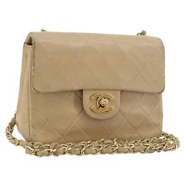 CHANEL Mini Matelasse Chain Shoulder Bag Lamb Skin Beige Gold CC Auth ka4523A