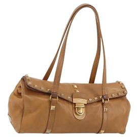 PRADA Tote Bag Leder Beige Gold Auth 181853A