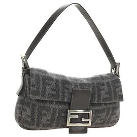 FENDI Zucca Canvas Mamma Baguette Shoulder Bag Wool Gray Silver Auth yk20376SAV