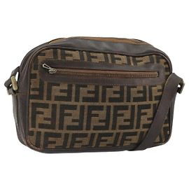 Borsa a Spalla FENDI Zucca Canvas Nero Marrone Auth 182366