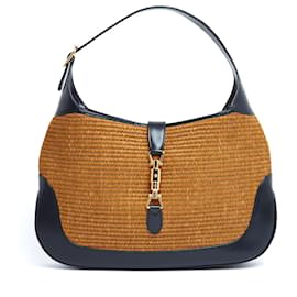 Gucci Jackie 1961 Bolsa Medium Ráfia Couro Azul Marinho