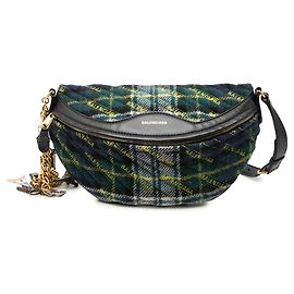 Borsa a tracolla souvenir Balenciaga in lana trapuntata verde con logo diagonale allover XS